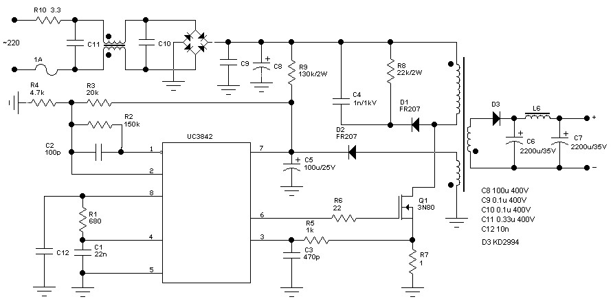UC3842PWM控制器60瓦开关电路介绍
